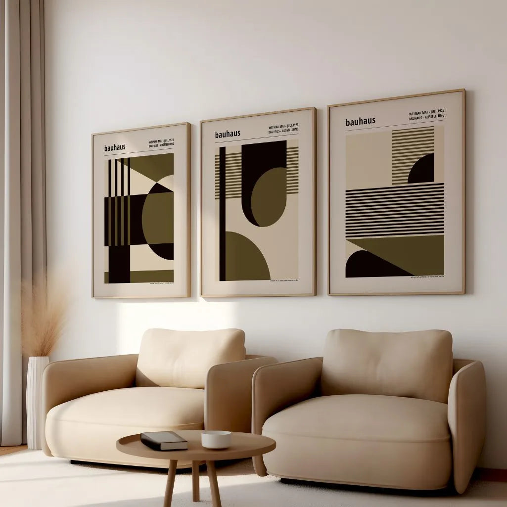 green olive and beige geometric bauhaus poster set in contemporary office