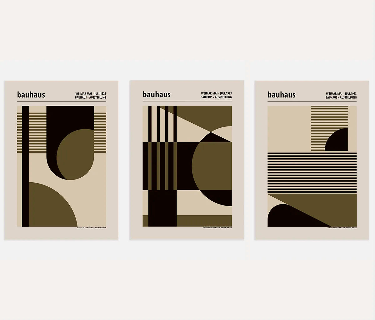 bauhaus poster set of 3 with green olive and beige flowing arcs and semicircles