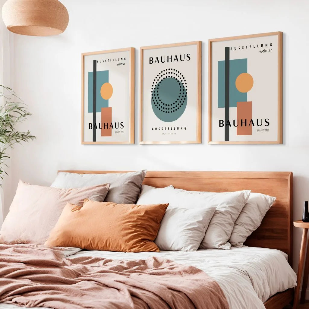 orange and green bauhaus poster set arranged in modern gallery wall with strong contrast