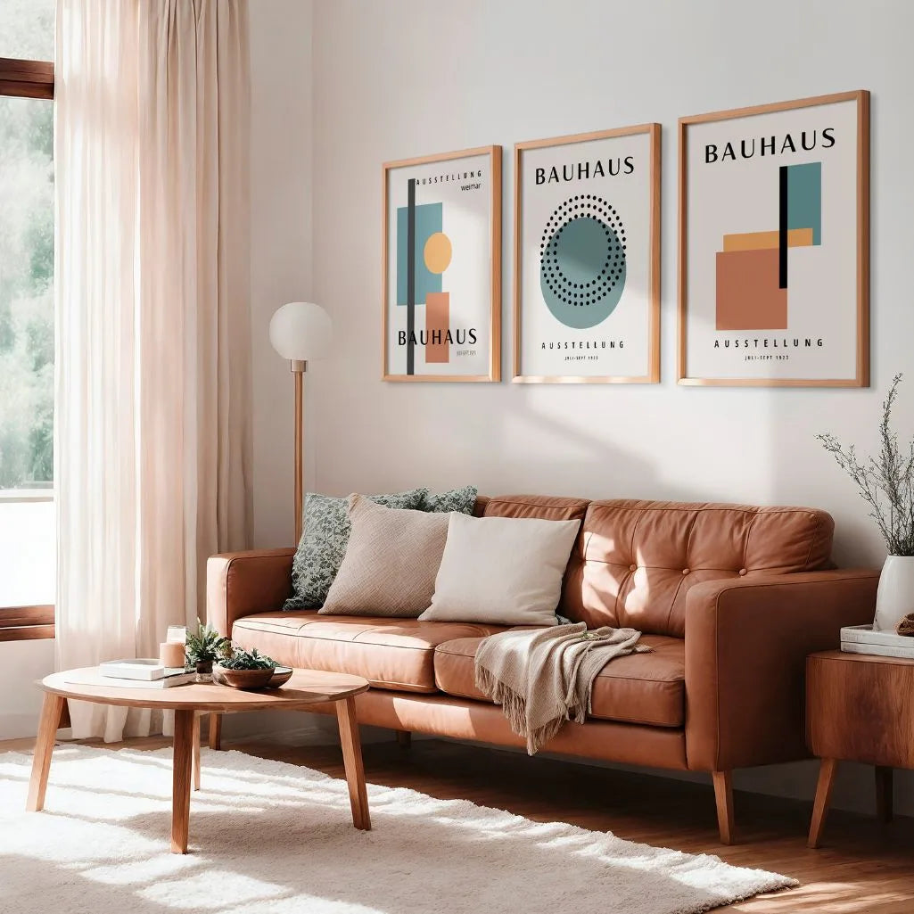 orange and green bauhaus wall art set with black contrast in modern living room