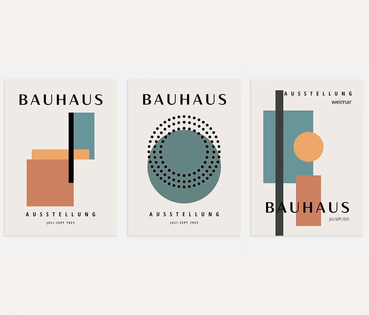 bauhaus poster set of 3 with orange and green geometric circles rectangles and black accents