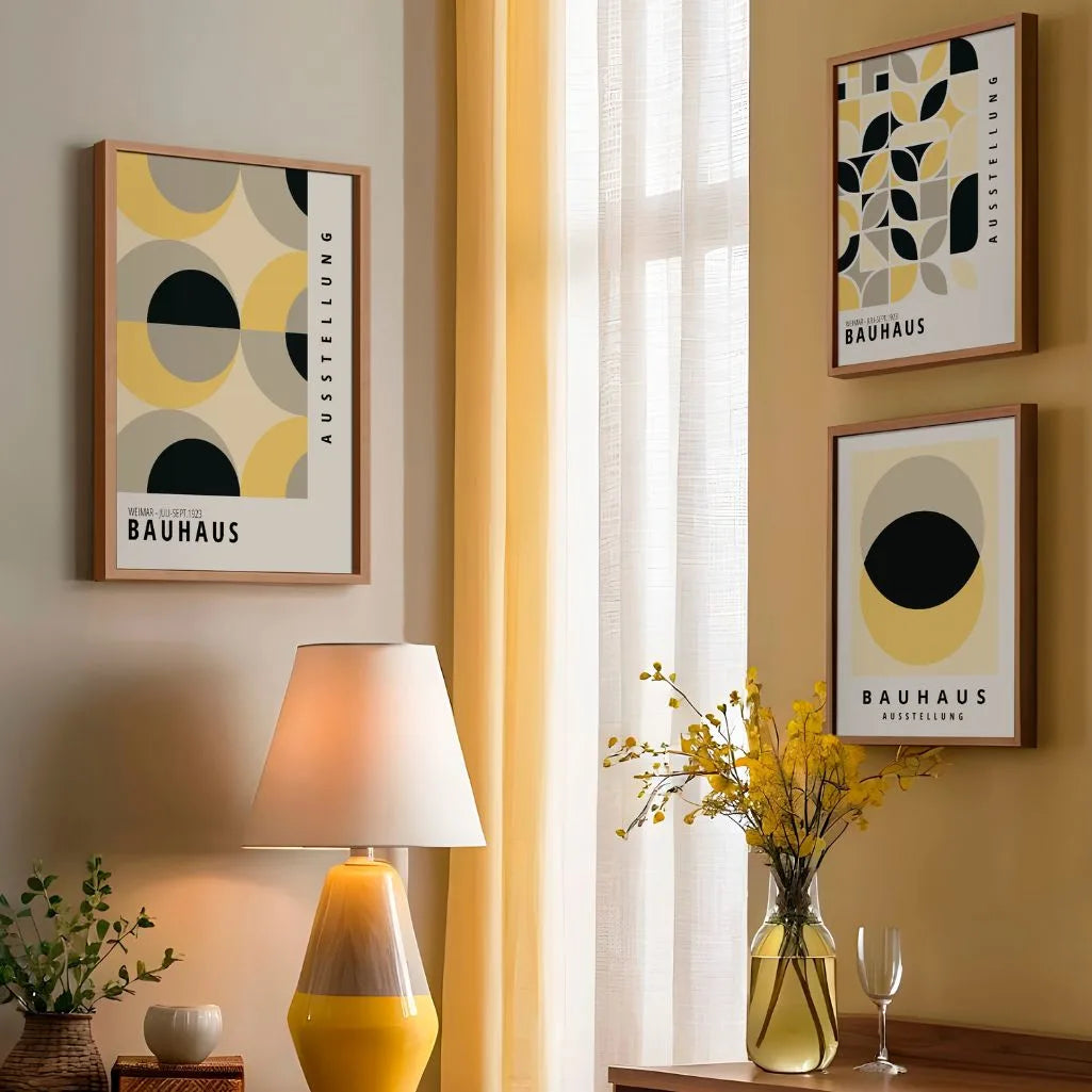 detail of yellow circles and balanced geometric composition on light background