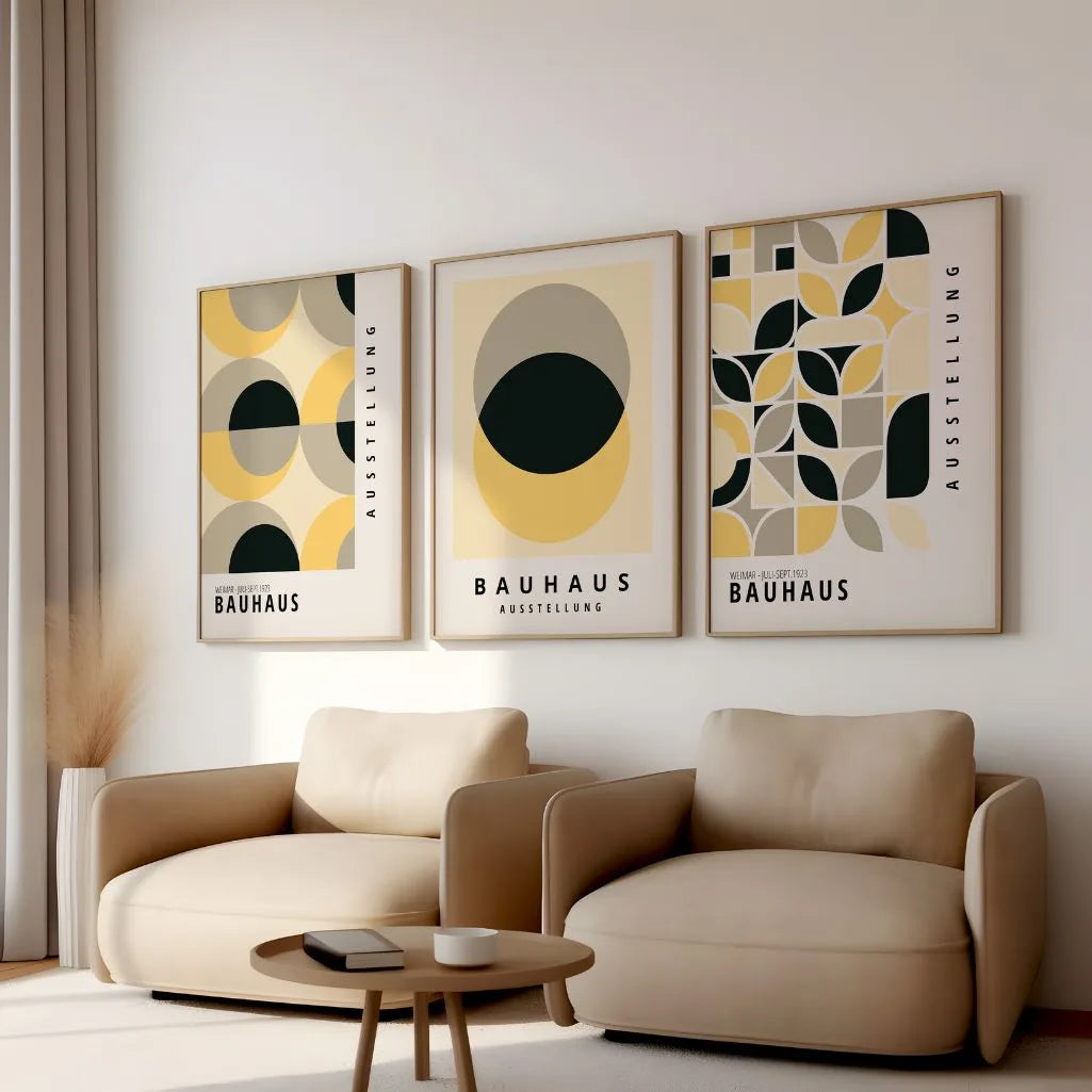 yellow geometric bauhaus poster set in contemporary office workspace