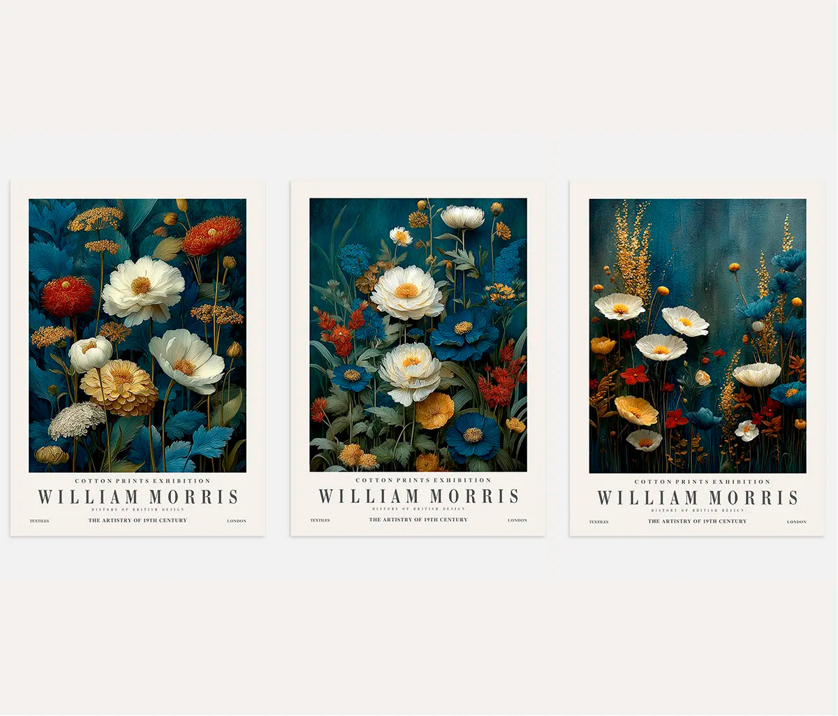 William Morris blue floral poster set of 3 in dark botanical wall art style