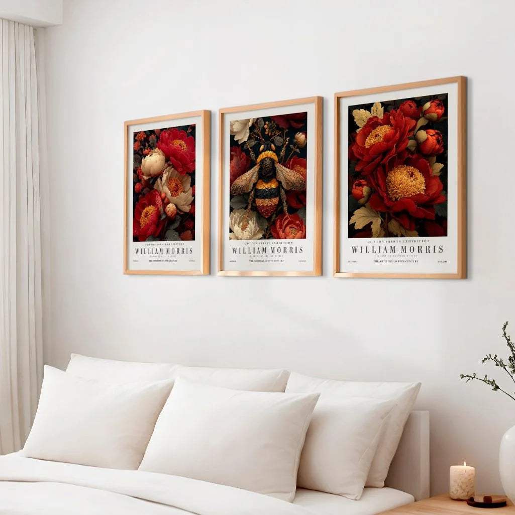 William Morris dark floral poster set with bee in rich classic botanical design