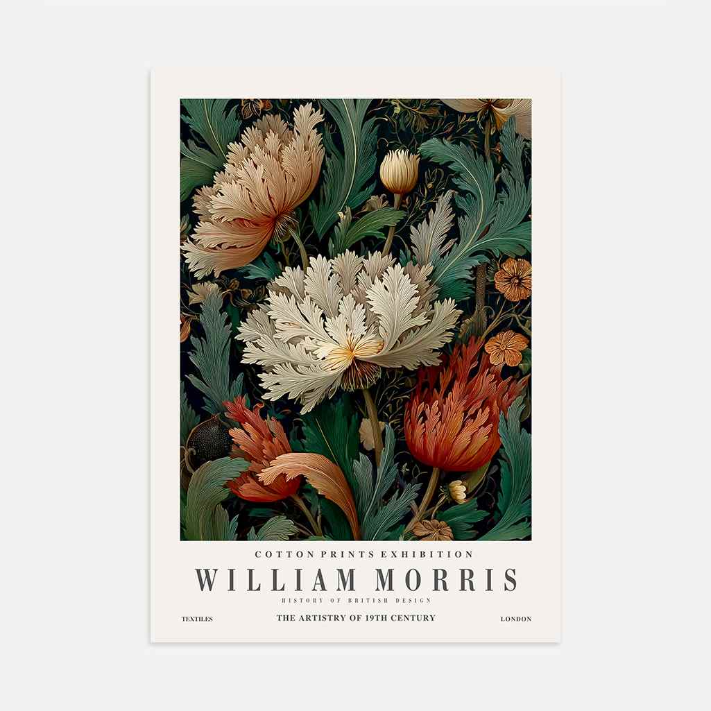 William-Morris-Poster – Elegante cremefarbene und rote Blumen