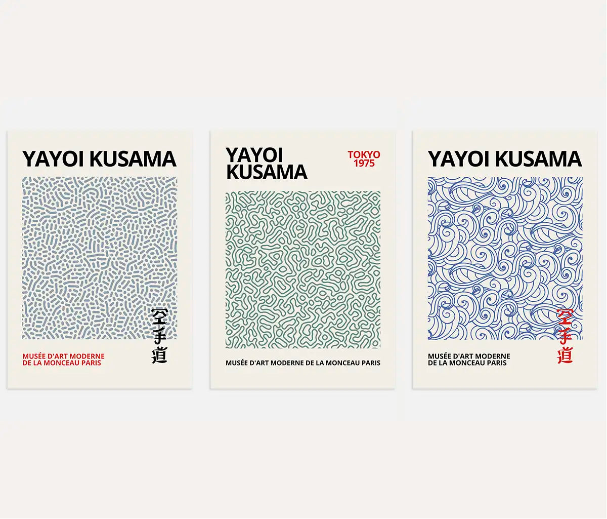 Yayoi Kusama poster set of 3 with abstract line pattern in green and blue modern wall art