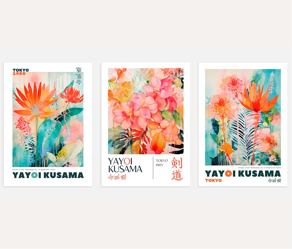 yayoi kusama inspired botanical poster set of 3 orange pink turquoise wall decor