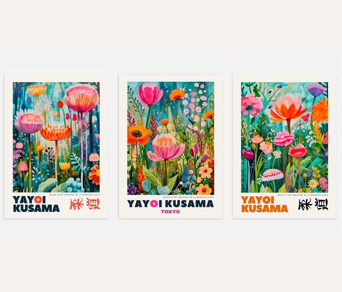 Yayoi Kusama poster set of 3 with colorful pink, orange and turquoise flowers, vibrant floral garden wall art