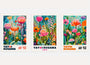 Yayoi Kusama poster set of 3 with colorful pink, orange and turquoise flowers, vibrant floral garden wall art
