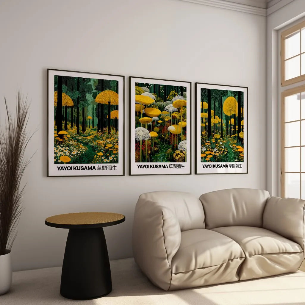 Forest landscape poster set with yellow flowers in modern living room wall decor