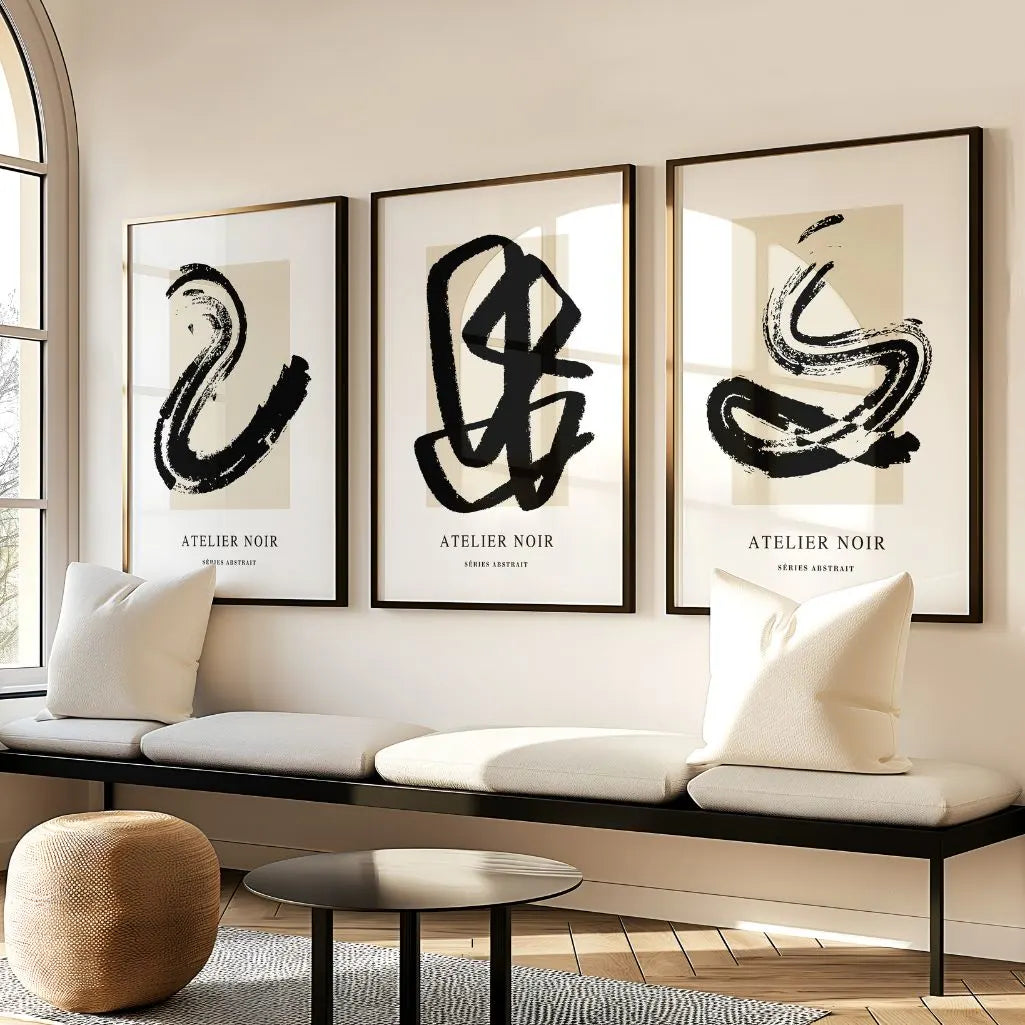 Minimalist zen poster set with bold black ink brush strokes
